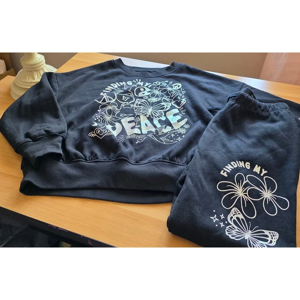 Justice Girls Black Finding My Peace Holographic Sweatshirt and Sweatpants Set S